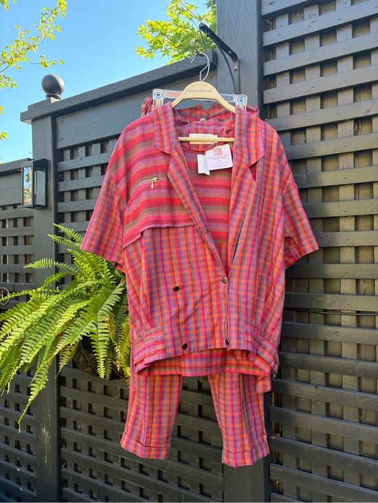 Pants - Red Pink Plaid Two-Piece Jacket and Pants Set